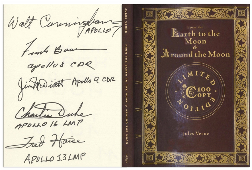 From the Earth to the Moon & Around the Moon Limited Edition Novel Signed by Five Apollo Astronauts: Walt Cunningham, Frank Borman, James McDivitt, Charlie Duke & Fred Haise